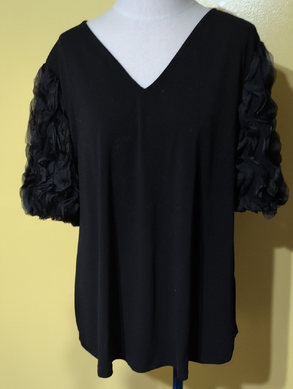 Adrianna Papell Black V-Neck Top with Textured Puff Sleeves